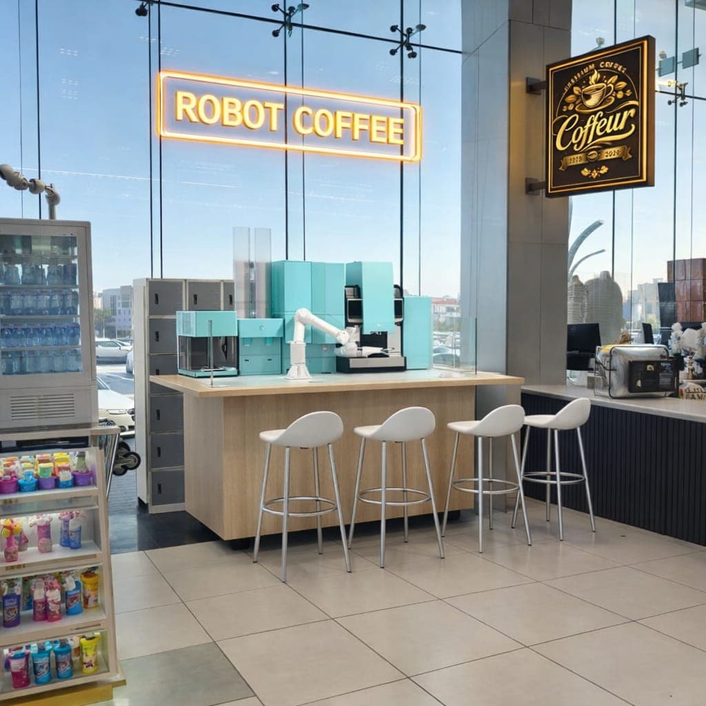 Artisan coffee station with espresso machine, cups, and warm lighting